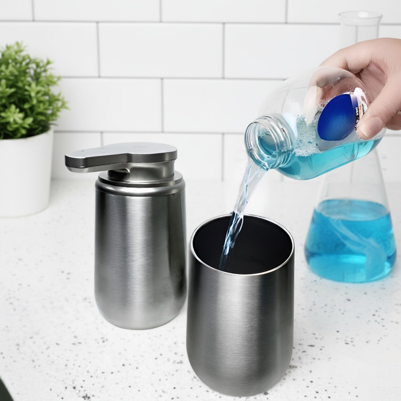 Hands free soap dispenser with sleek stainless steel finish