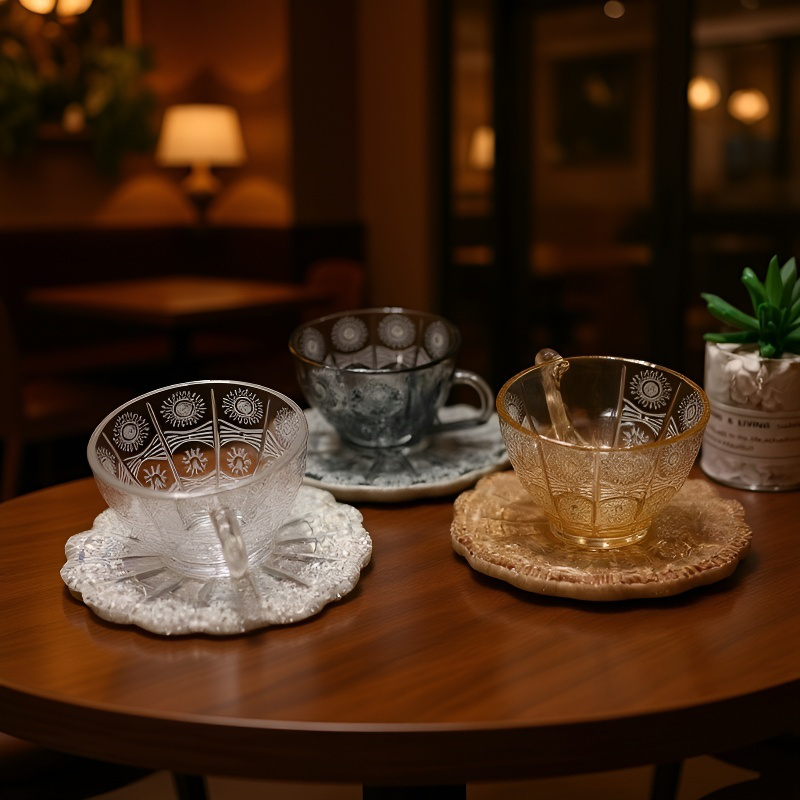彫刻されたひまわり模様のワイングラス、コーヒーカップ、ティーソーサーセット