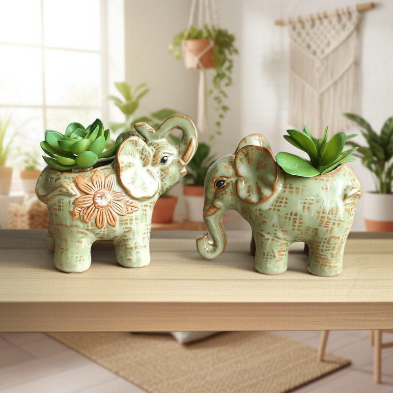 Lucky Elephant Ceramic Flower Pot for Succulents with vibrant green plant