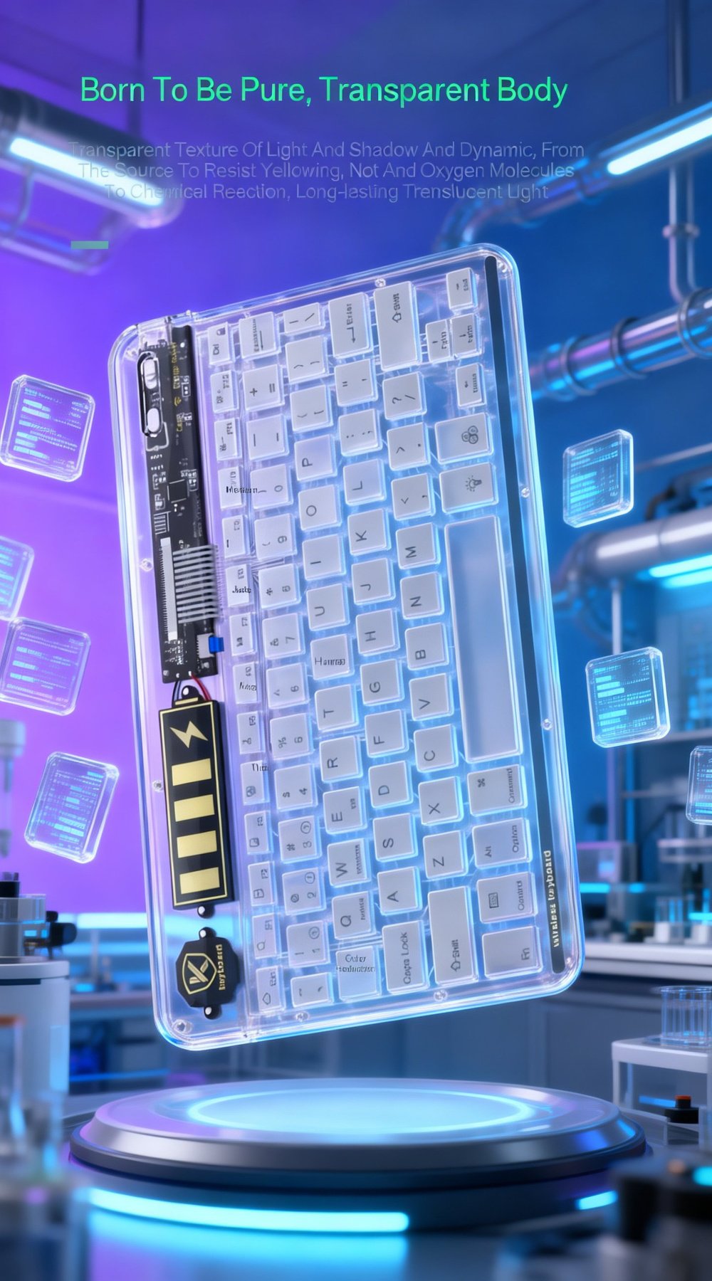 Close-up of transparent keyboard keys with colorful backlighting