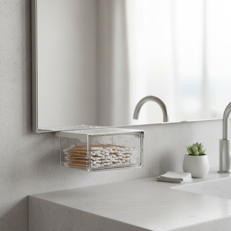 Close-up of the transparent waterproof drawer organizer showing slanted design
