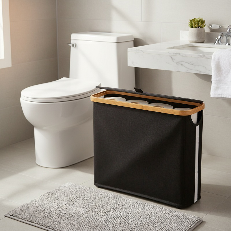 Bathroom accessories rack holding paper towels
