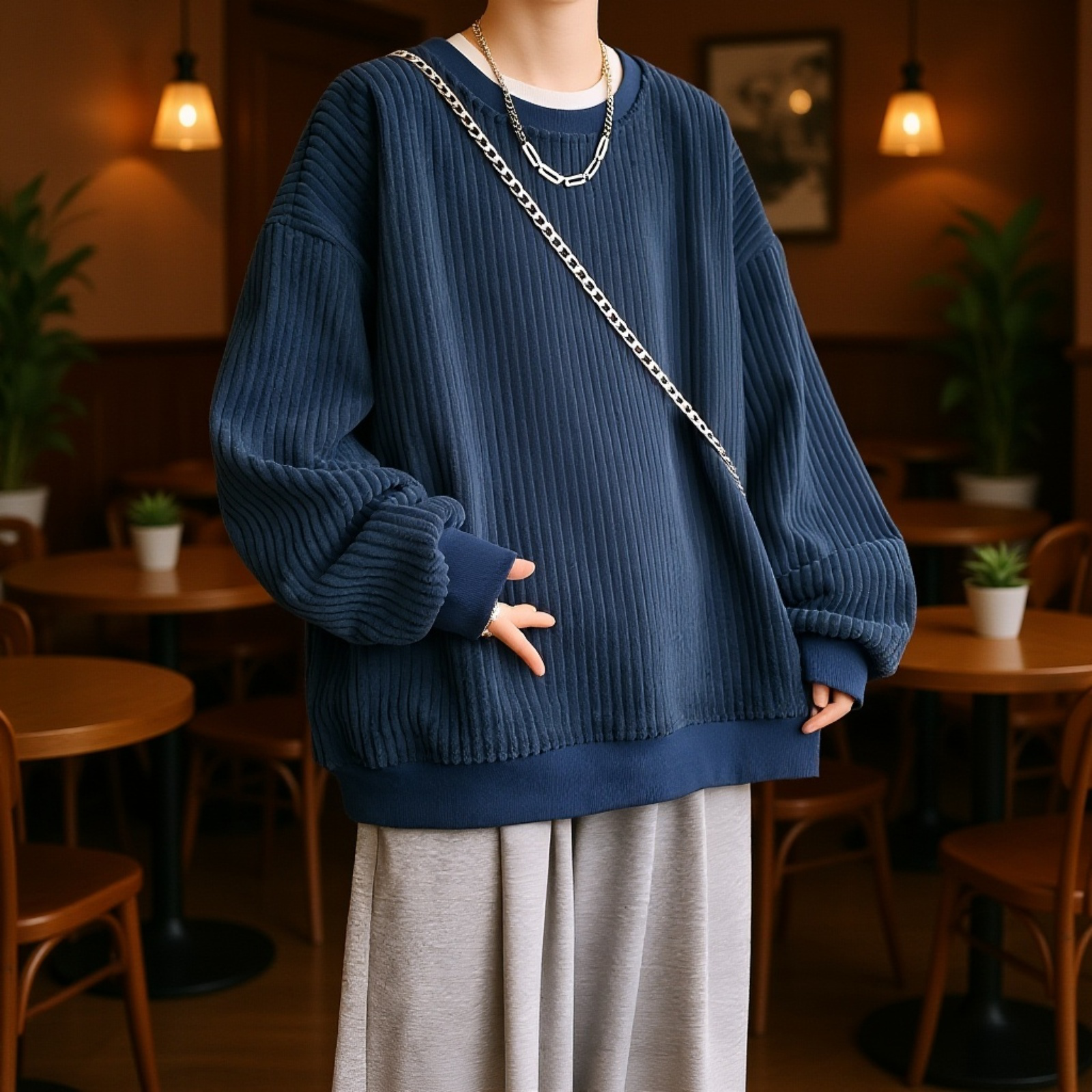 新しいメンズカジュアルスウェットシャツ 和風コーデュロイ ラウンドネック スウェットシャツ プラスベルベット 厚手スウェットシャツ メンズジャケット