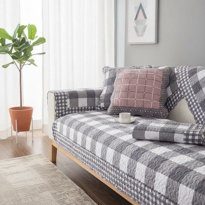 Close-up of plaid fabric cushion cover texture