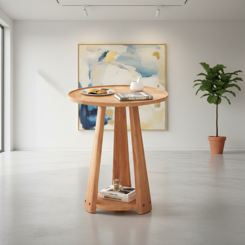 Nordic simple sofa side table home living room double layer small round table solid wood coffee tabl