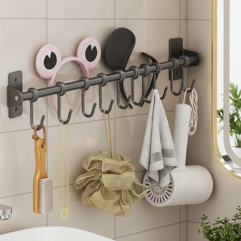 No-drill Wall Hooks Multi-functional Kitchen and Bathroom Storage Rack