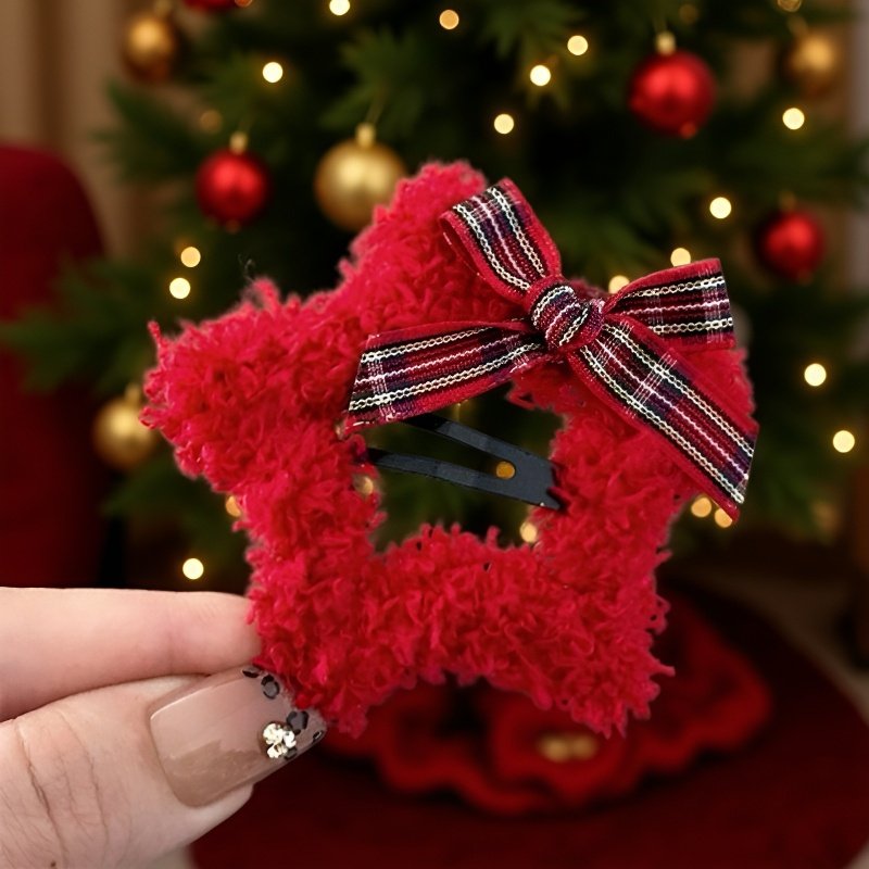 리본 앞머리가 달린 크리스마스 레드 플러시 별 헤어 클립