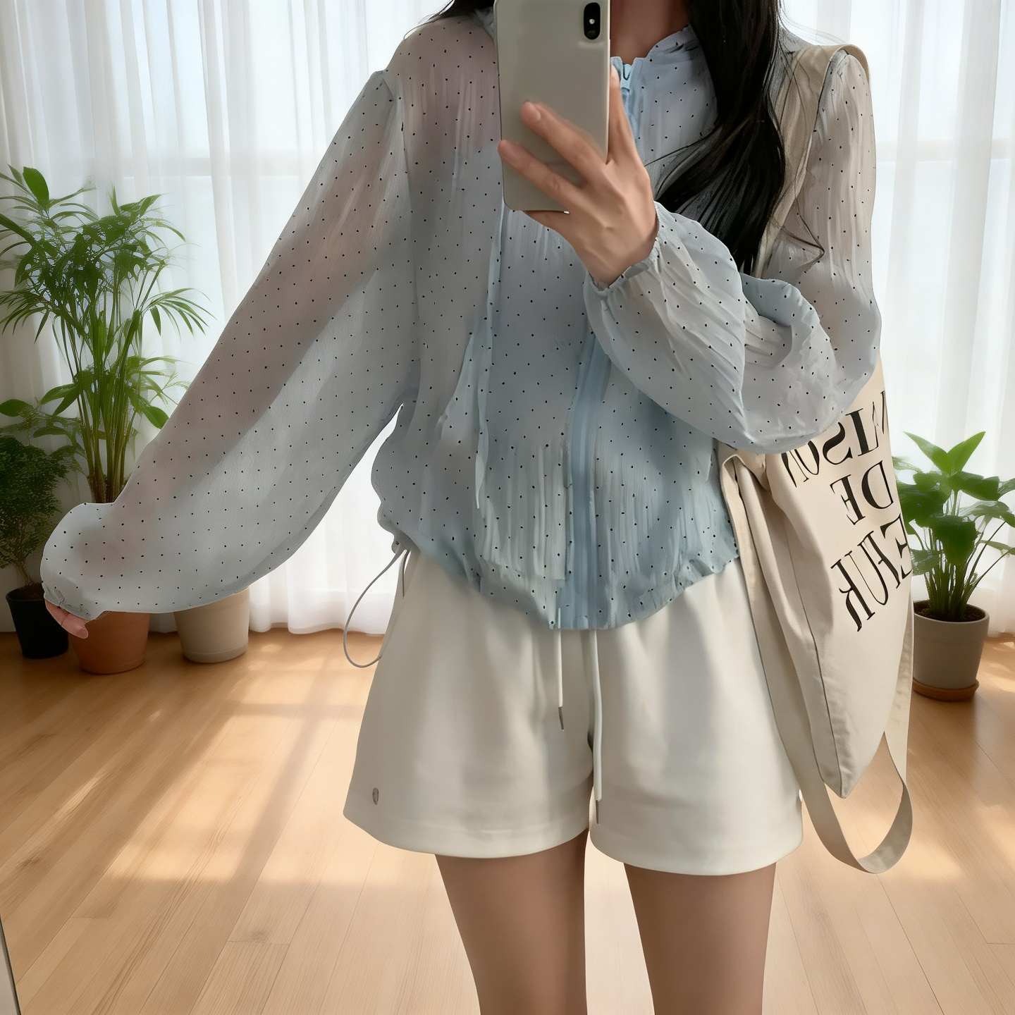 韓国風水玉模様のフード付き日焼け防止シャツ（女性用）