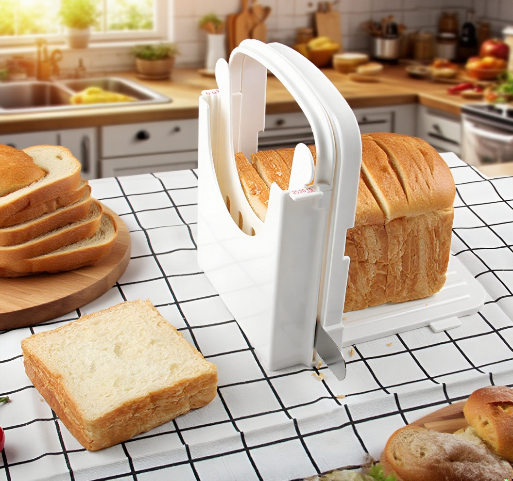 Gleichmäßig geschnittene Toastscheiben mit dem Brotschneider