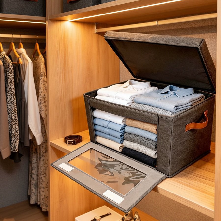 Stackable wardrobe organizer with side opening and lid