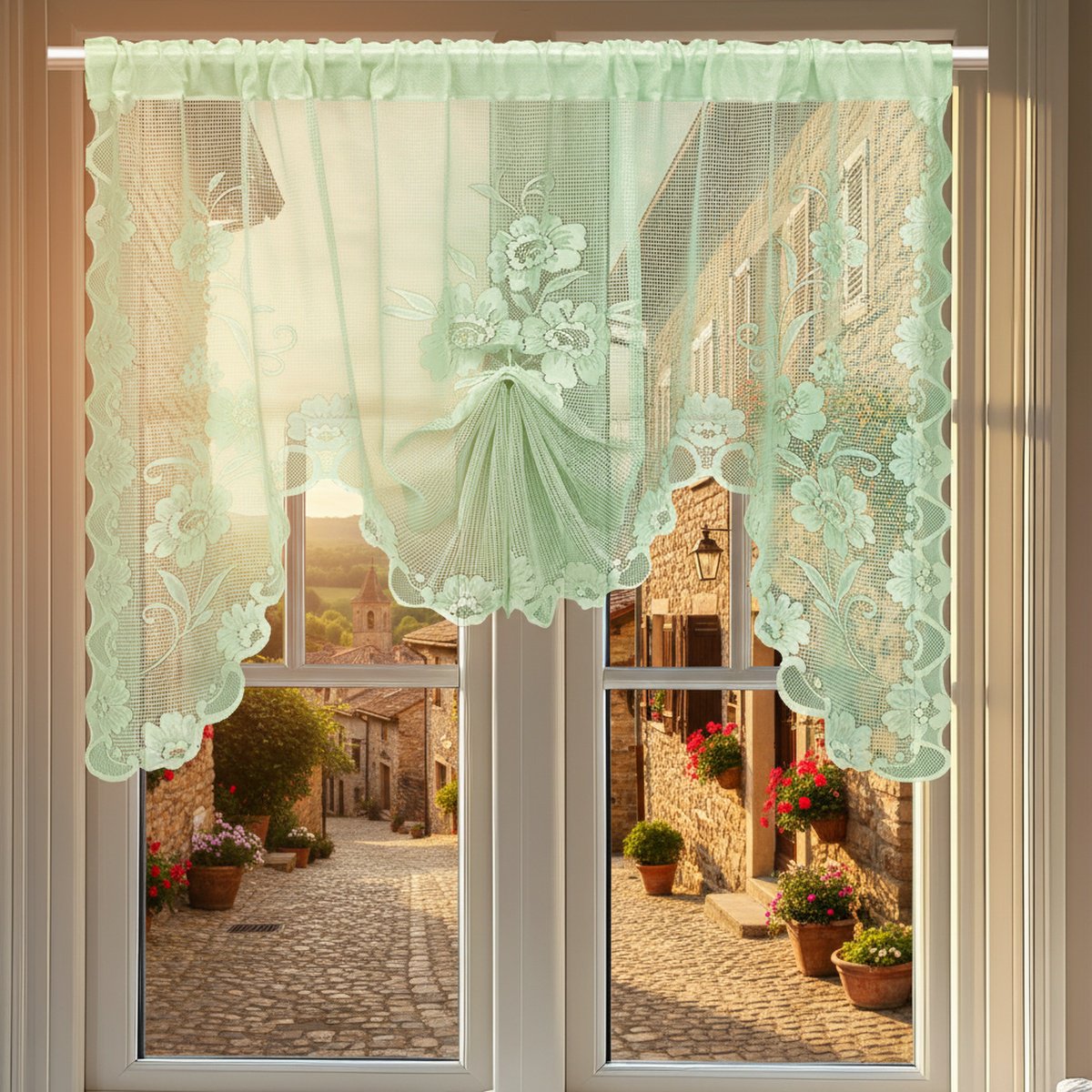 Rideau en dentelle blanche à papillon avec cordon de serrage