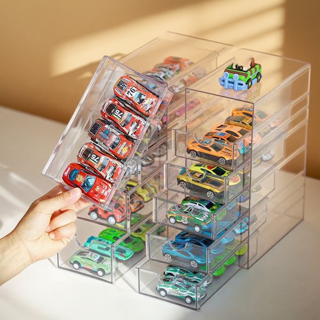 Przezroczyste pudełko na samochodziki Hot Wheels z szufladami