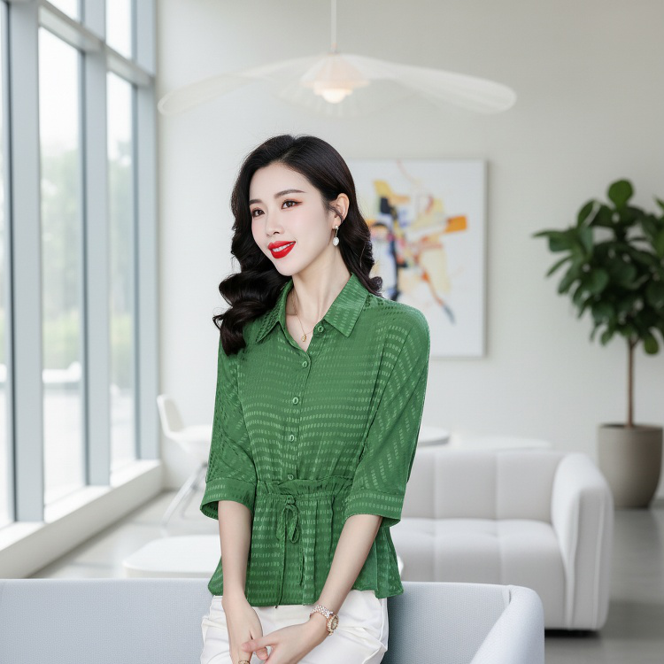 디자인 5부 소매 실크 셔츠 여름 상의 여 루즈핏 여성 캐주얼 얇은 티셔츠 돌넥 조거 실크 셔츠