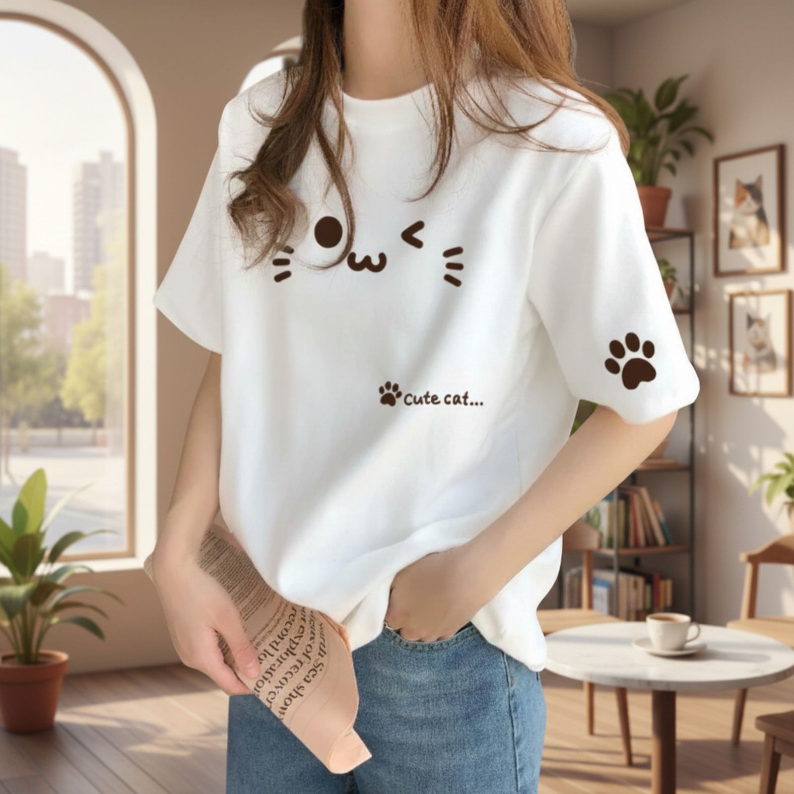 デザイン感のある レディース コットン ベージュ インナーTシャツ