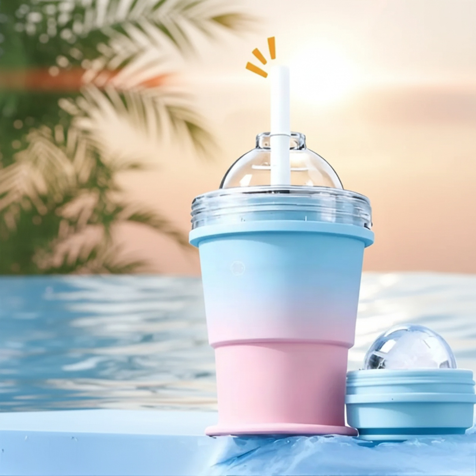 持ち運び可能な折りたたみ式アイスホッケーカップ。ストロー内蔵、食品グレードのシリコン製製氷カップ型付き。夏のアウトドアに最適です。