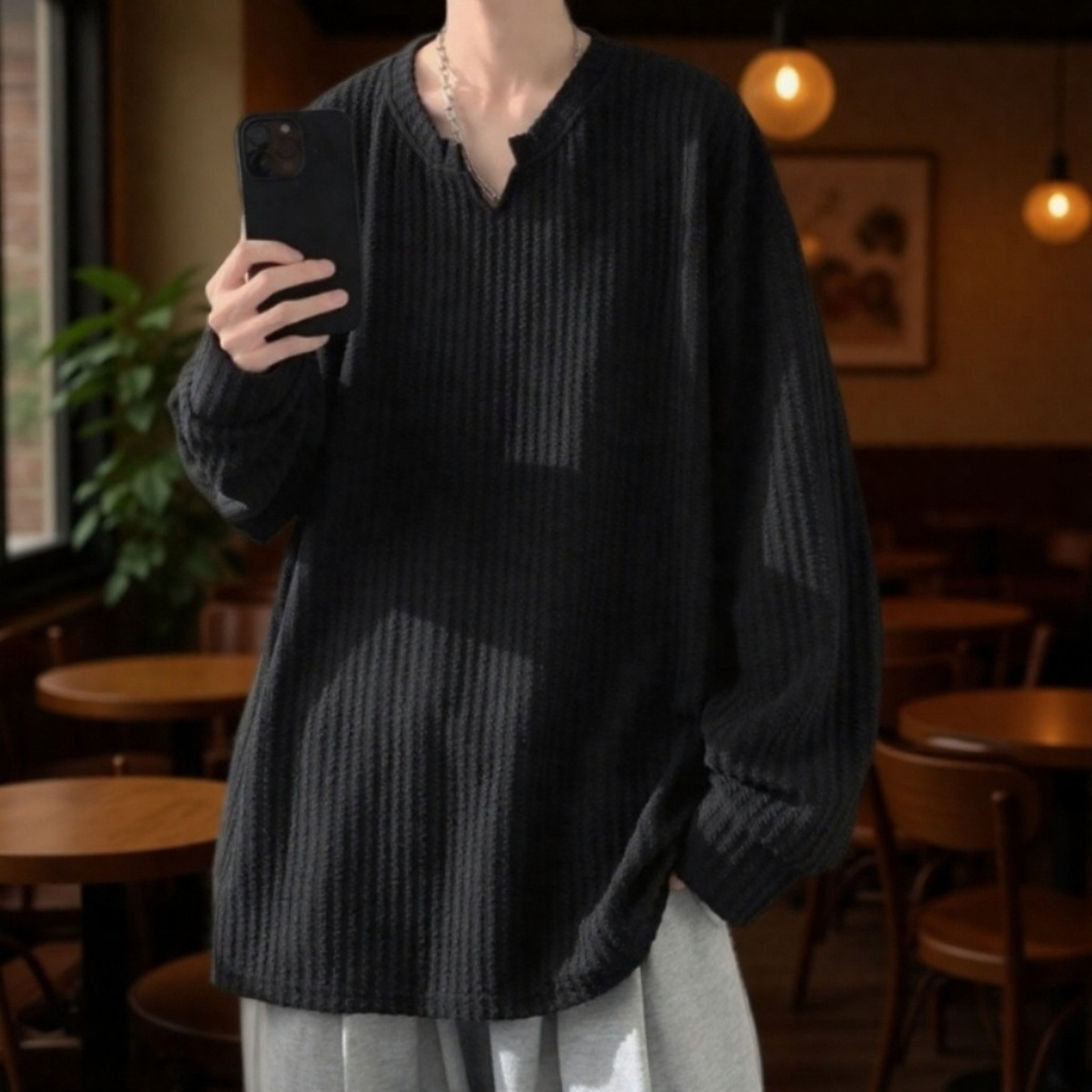 メンズ高級感長袖Tシャツ 2026新登場 痞帅スタイル ゆるめ 白インナー