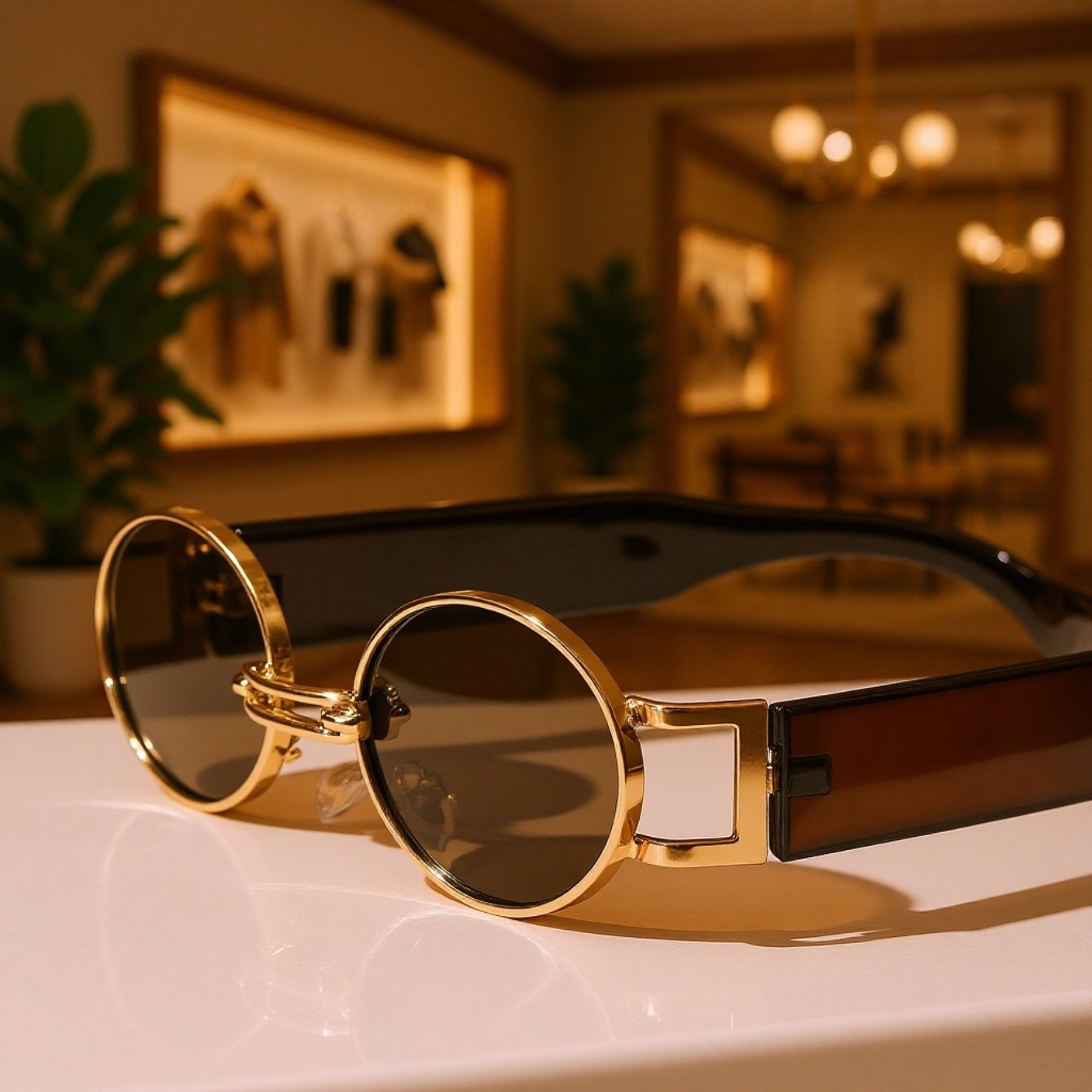 Close-up of classic retro small frame sunglasses