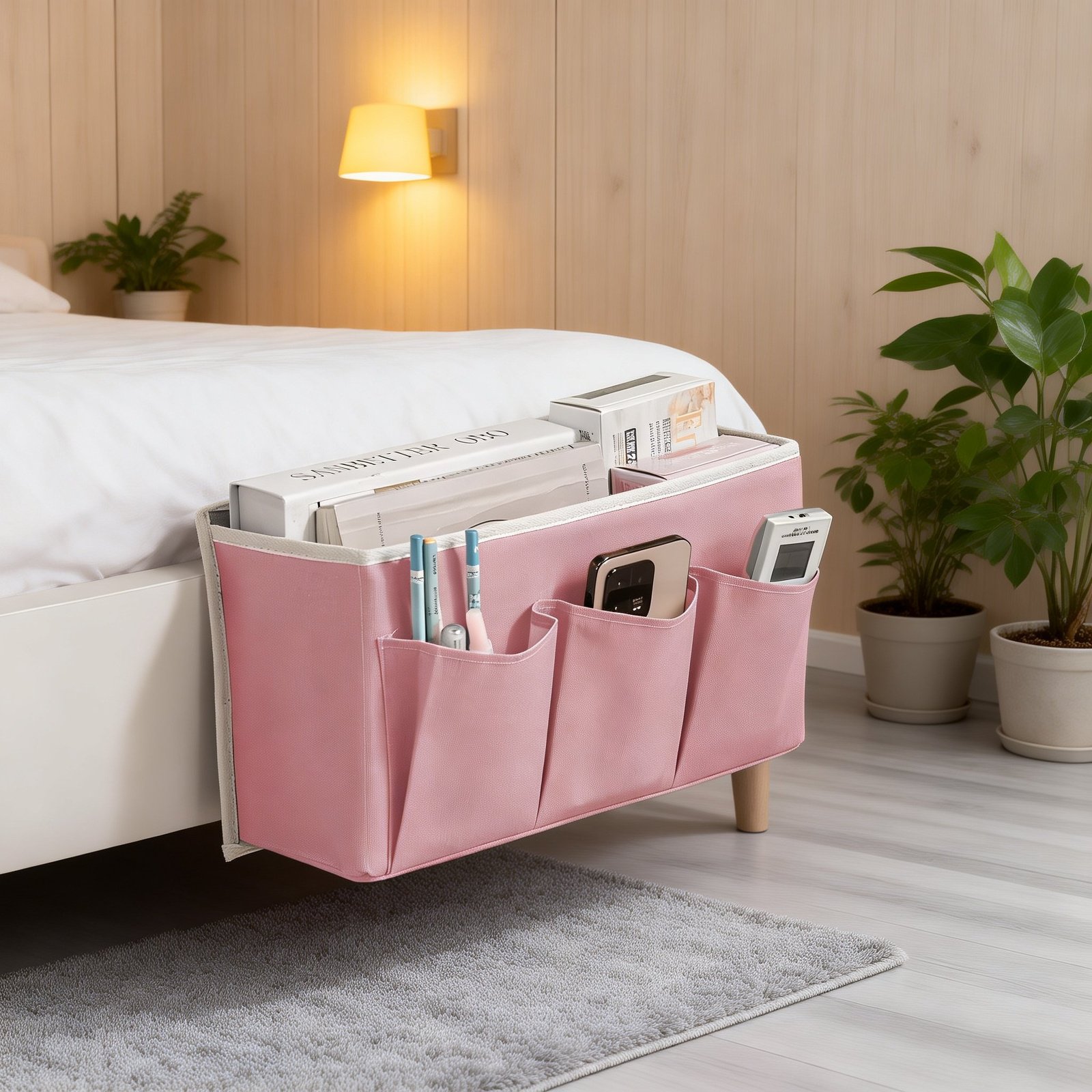 Bedside multi-layer hanging organizer attached to dorm bed