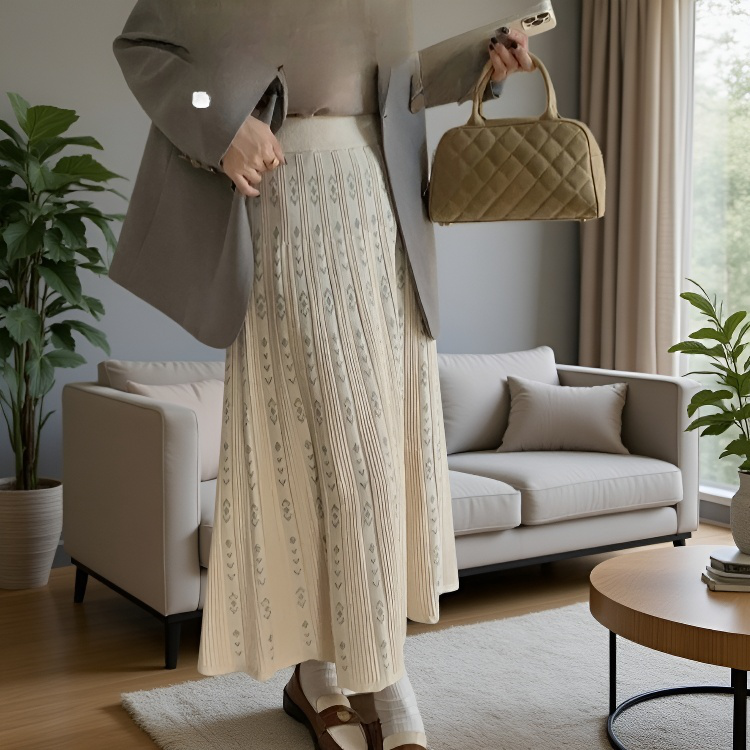 스커트녀 하프 기장 사타구니를 가리다 거들먹거리다 자카드로 짠 도드라진 무늬 날씬해 보이는 A라인 스커트