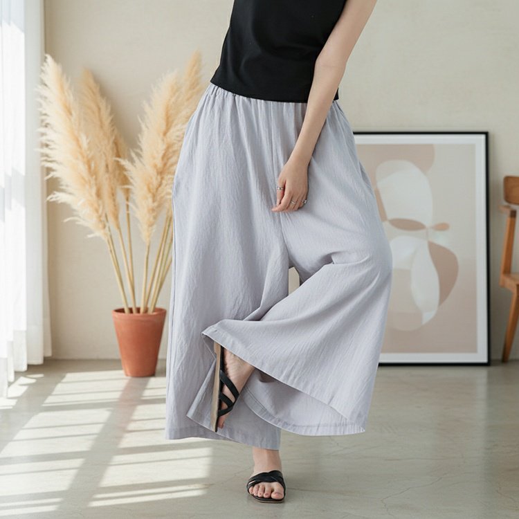 レディース 夏用 ゆったりリネンロングパンツ