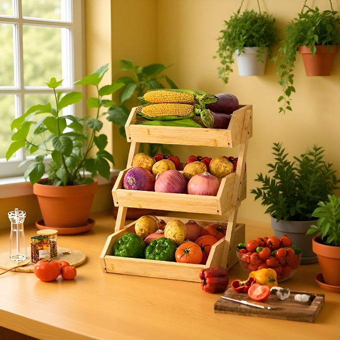 Organizador de cocina de tres pisos, plegable y práctico para ollas y sartenes