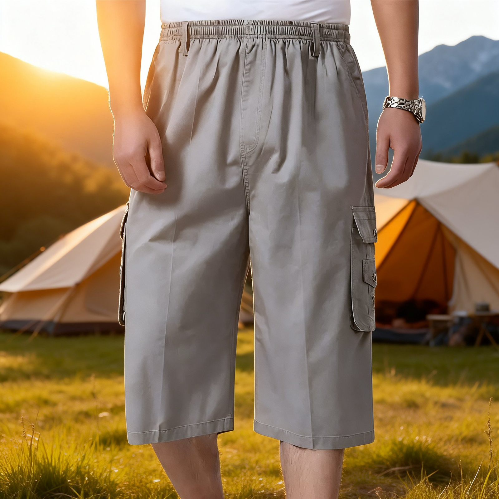 メンズカプリパンツ、中高年男性向けのゆったりとしたカジュアルなカプリパンツ、夏の父親の服装、父親の仕事用ショートパンツ