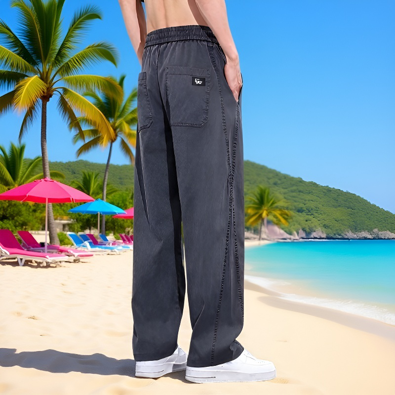 テンセルジーンズメンズ夏薄手2024新作トレンドブランドワイドレッグアイスシルクルーズストレートカジュアルパンツメンズ