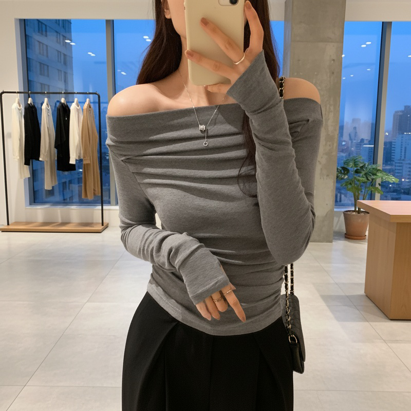 허리 조이는 쇼트 상의 셔링 섹시 쇼트 상의 긴팔 티셔츠 여 슬림핏 허리 조이는 봄옷