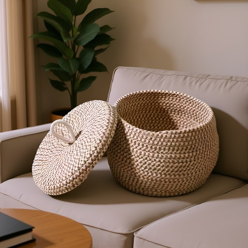 뚜껑이 있는 새로운 면 소재 원형 수납 바구니