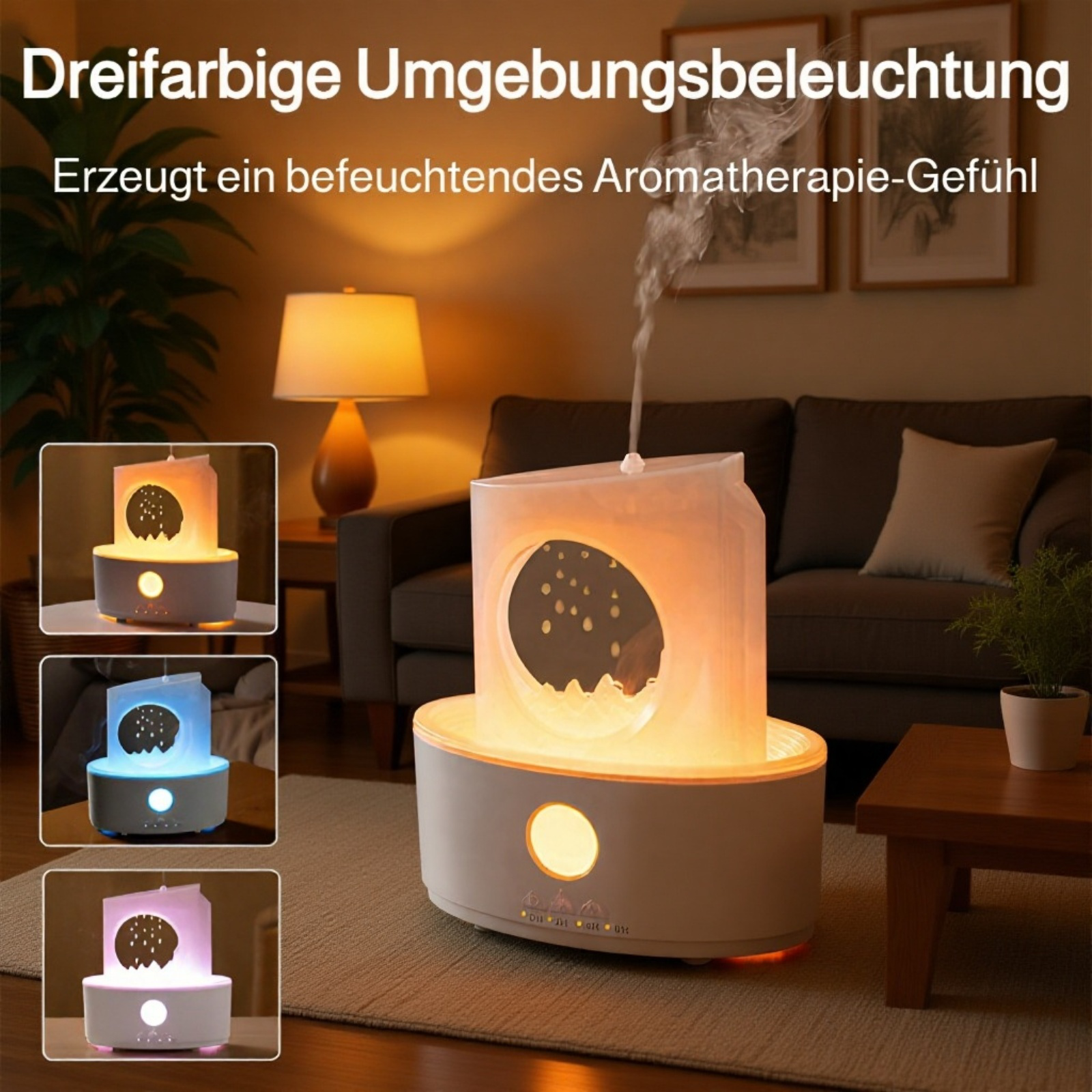 Luftbefeuchter und Duftspender mit Quallen-Salzstein, Uhr und Vulkan-Ring-Effekt