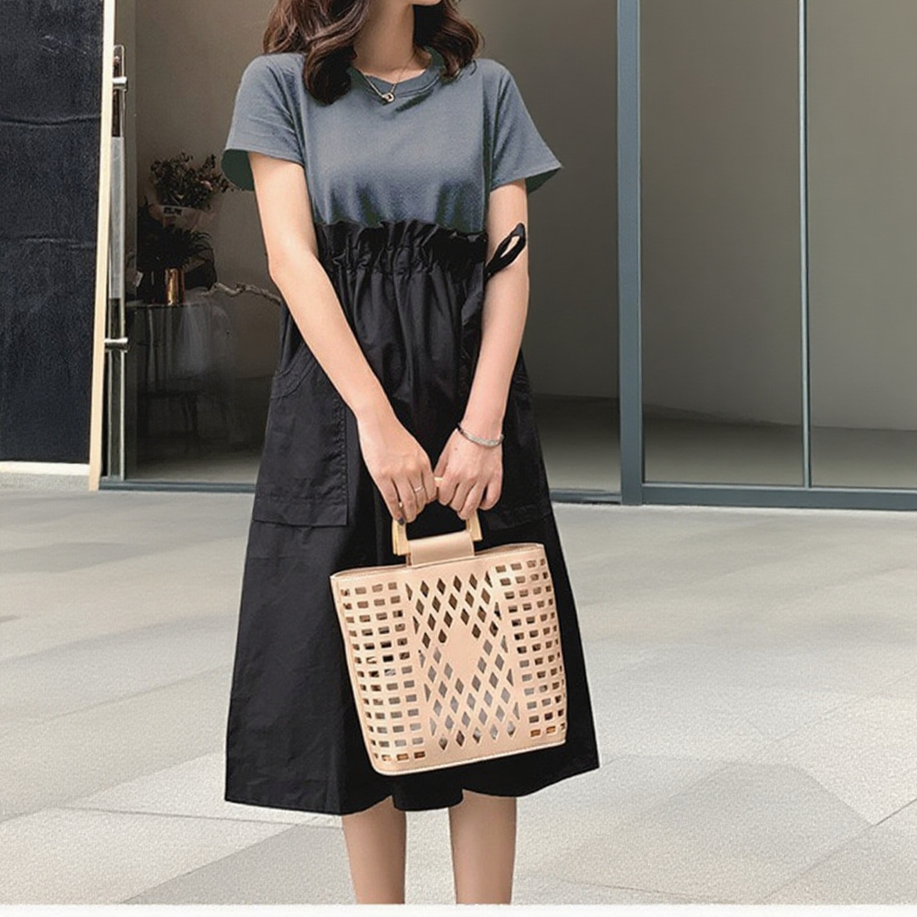 ワンピース  春 半袖 夏 綿 ドッキング 切替 ギャザー入り リボン付き 可愛い aライン きれいめ