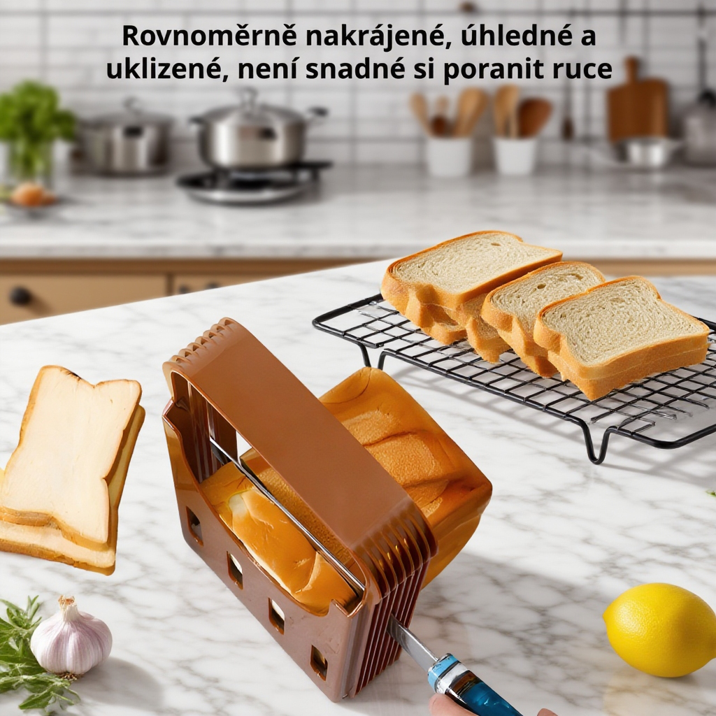 Detailní pohled na kráječ toastu při krájení bochníku