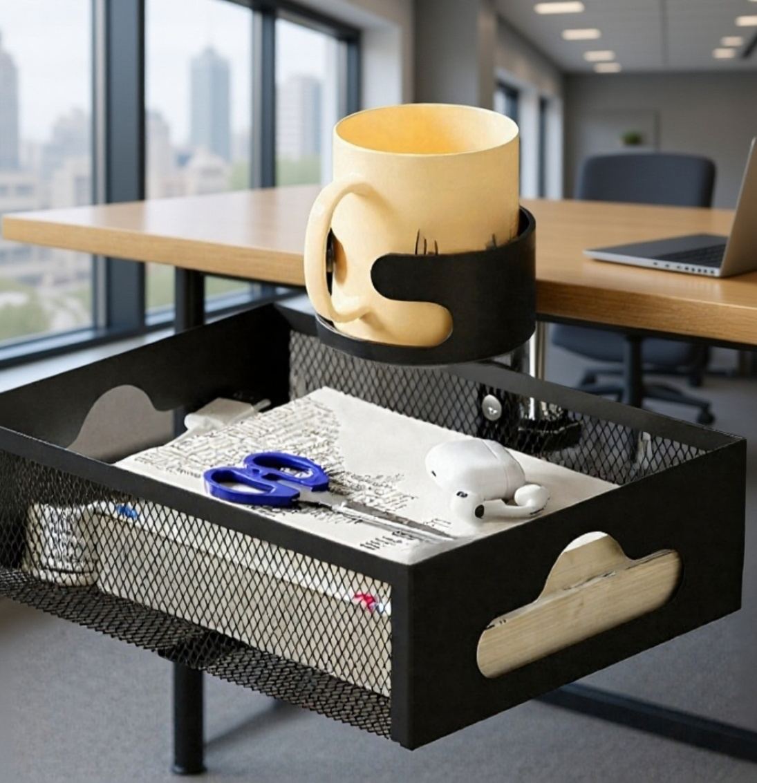 Under-desk cable management rack, no-drill mesh basket cable organizer, power strip holder, under-de