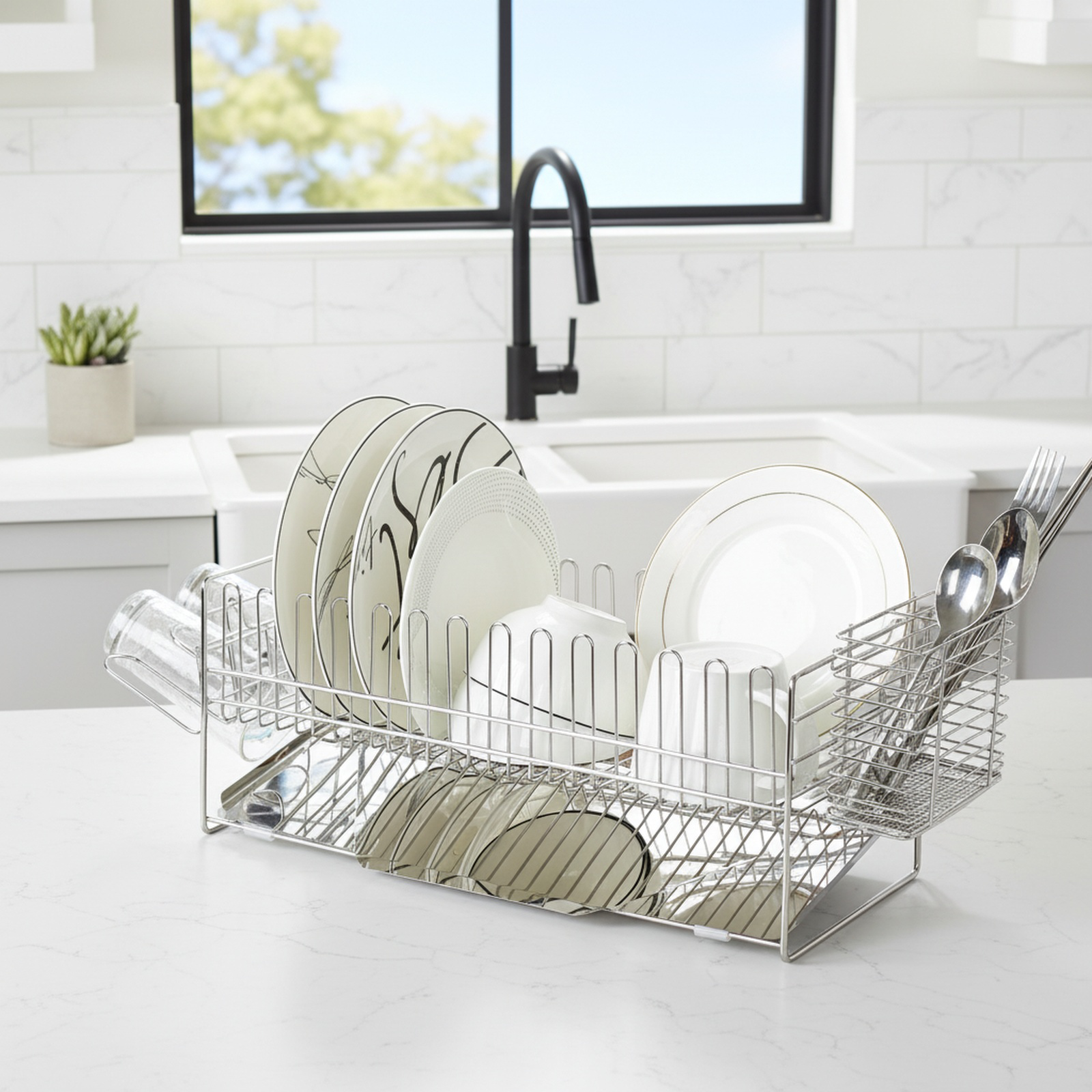 Escurridor de utensilios de cocina de acero inoxidable, para fregaderos estrechos