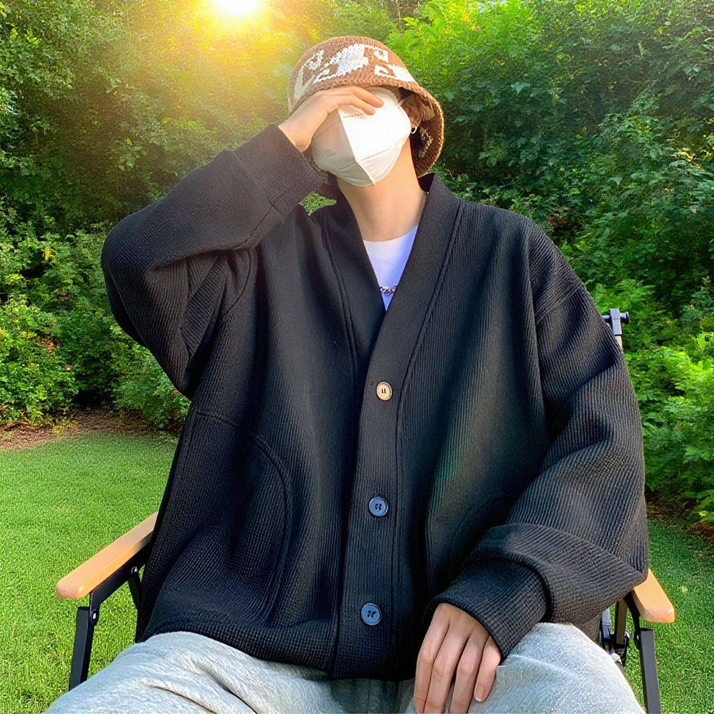 春と秋に着用する男性用のレイジースタイルのウールカーディガンジャケット、Vネックのアメリカンジャケットを備えた先進的な若々しいフードなしセーター