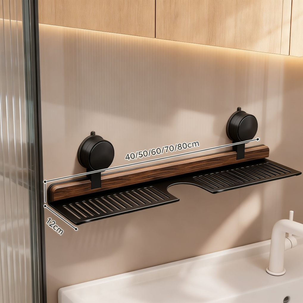 Wall Suction Cup Walnut Wood Washbasin Storage Shelf, No-Drill Bathroom Faucet Rack