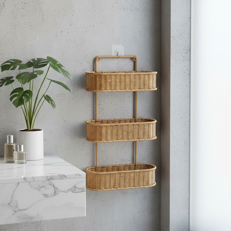 Imitation Rattan Style Bathroom Rack No-Drill Multi-Purpose Organizer