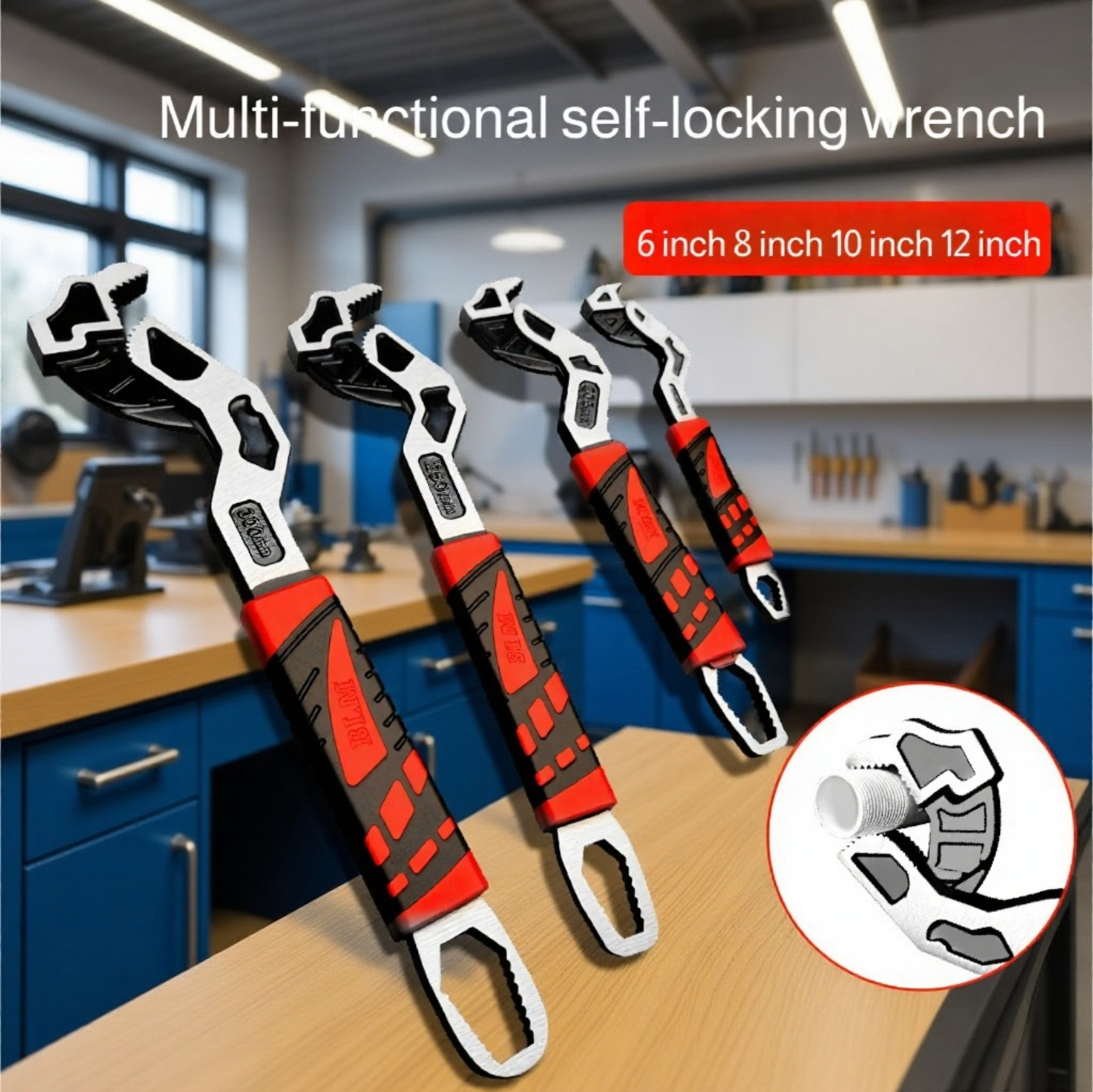 Adjustable self-locking repair wrench holding large nut