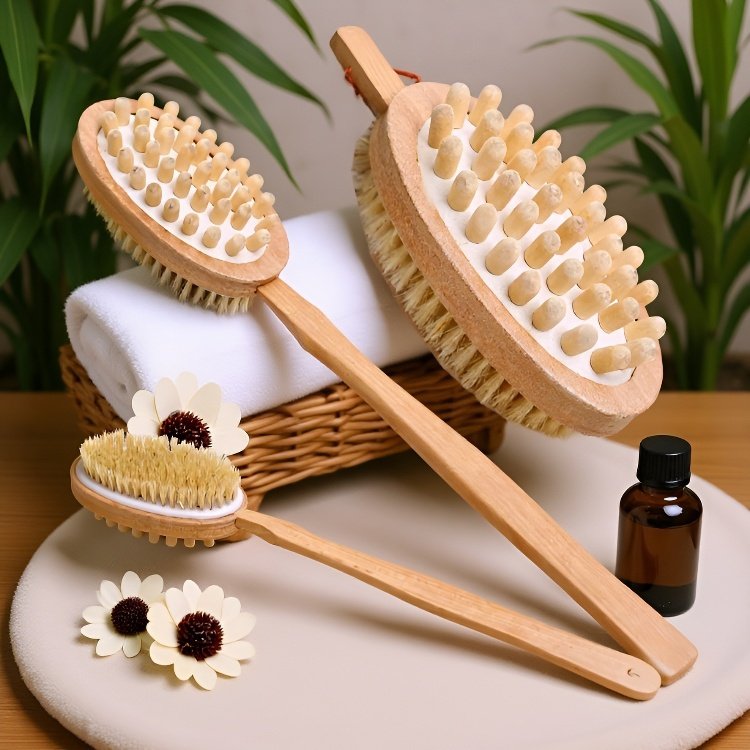 Double-sided boar bristle bath brush, long handle, powerful exfoliating back.