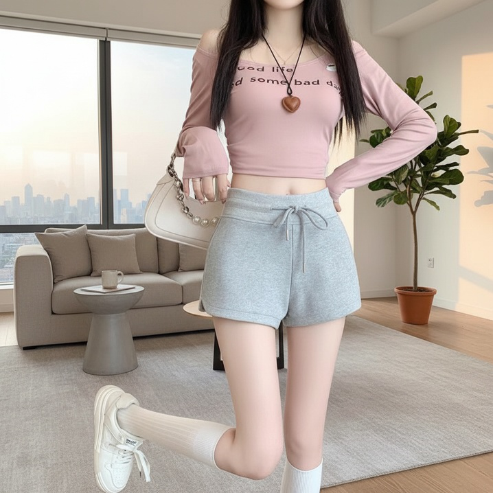키작은 여자 반바지 슬랙스 통바지 솔리드 하이웨스트 와이드 팬츠 캐주얼 반바지 여성복