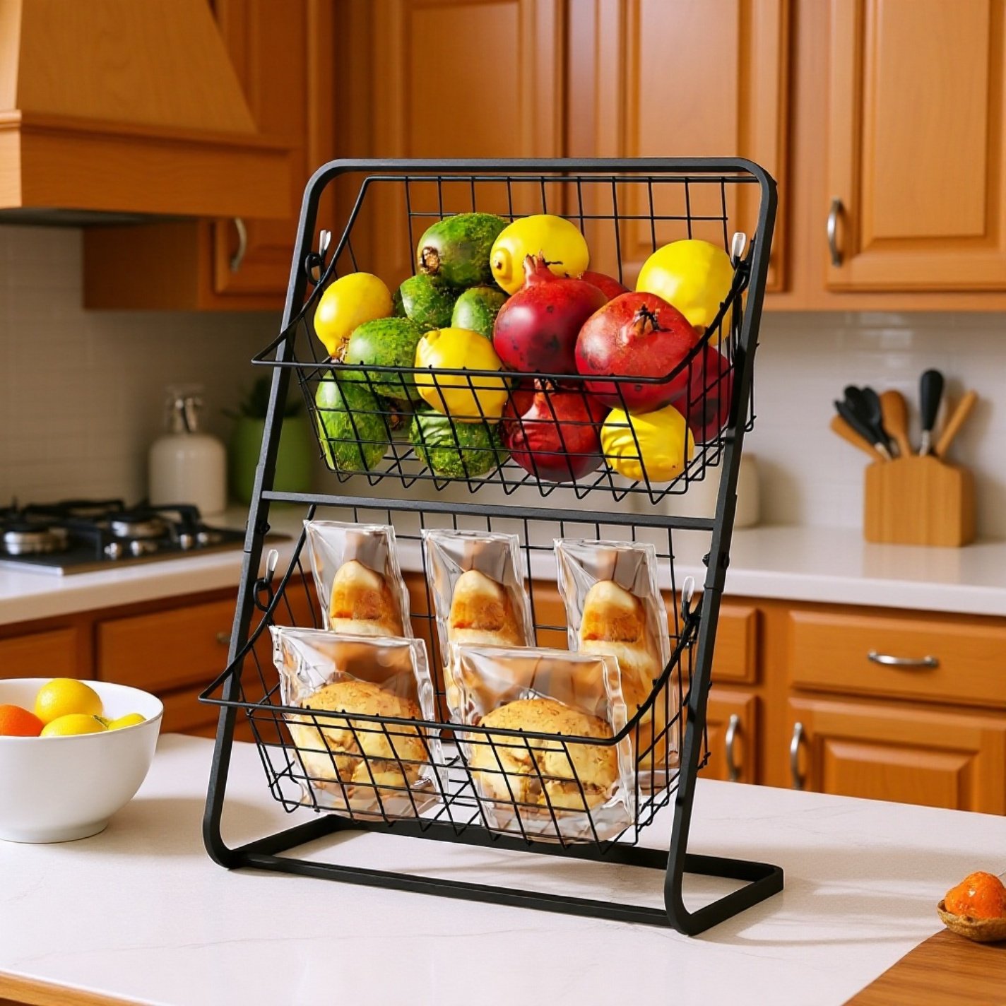 바닥에 세워 사용하는 다단식 가정용 야채 및 과일 보관 선반