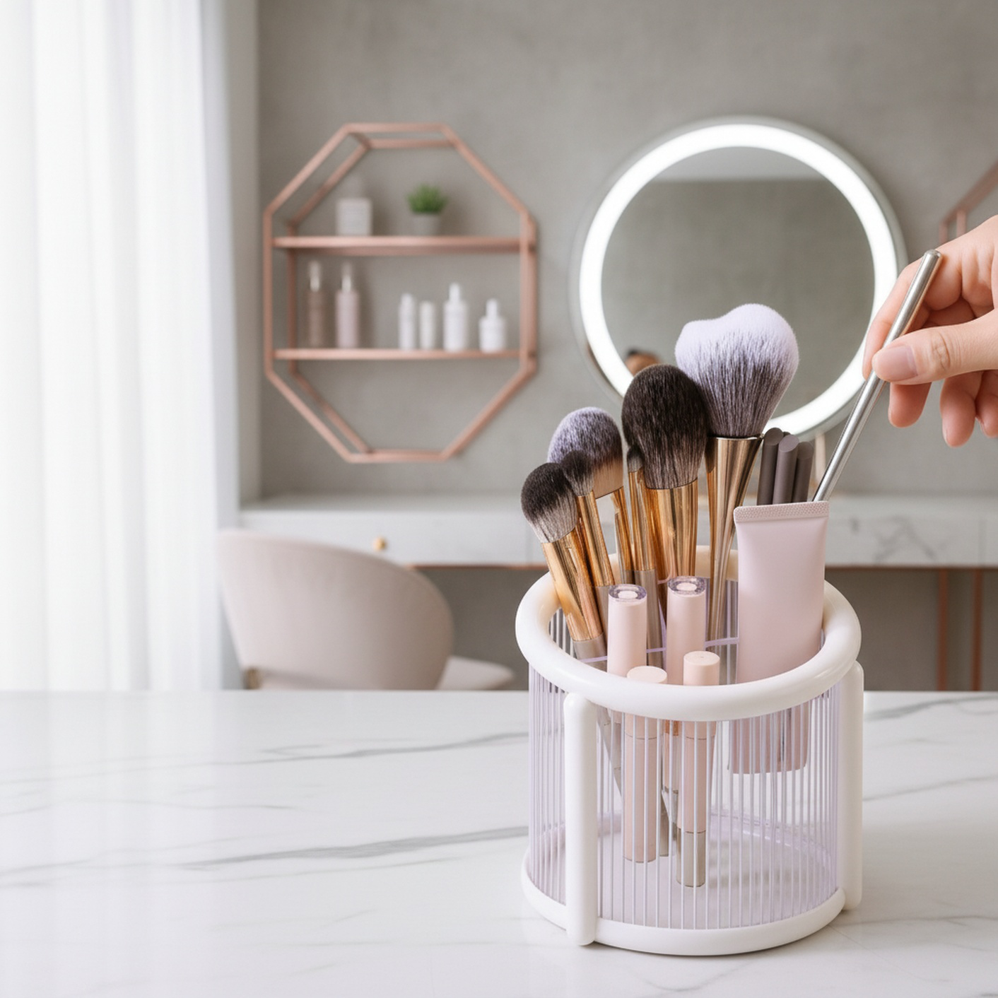 Cosmetic organizer box holding lipsticks and eyebrow pencils