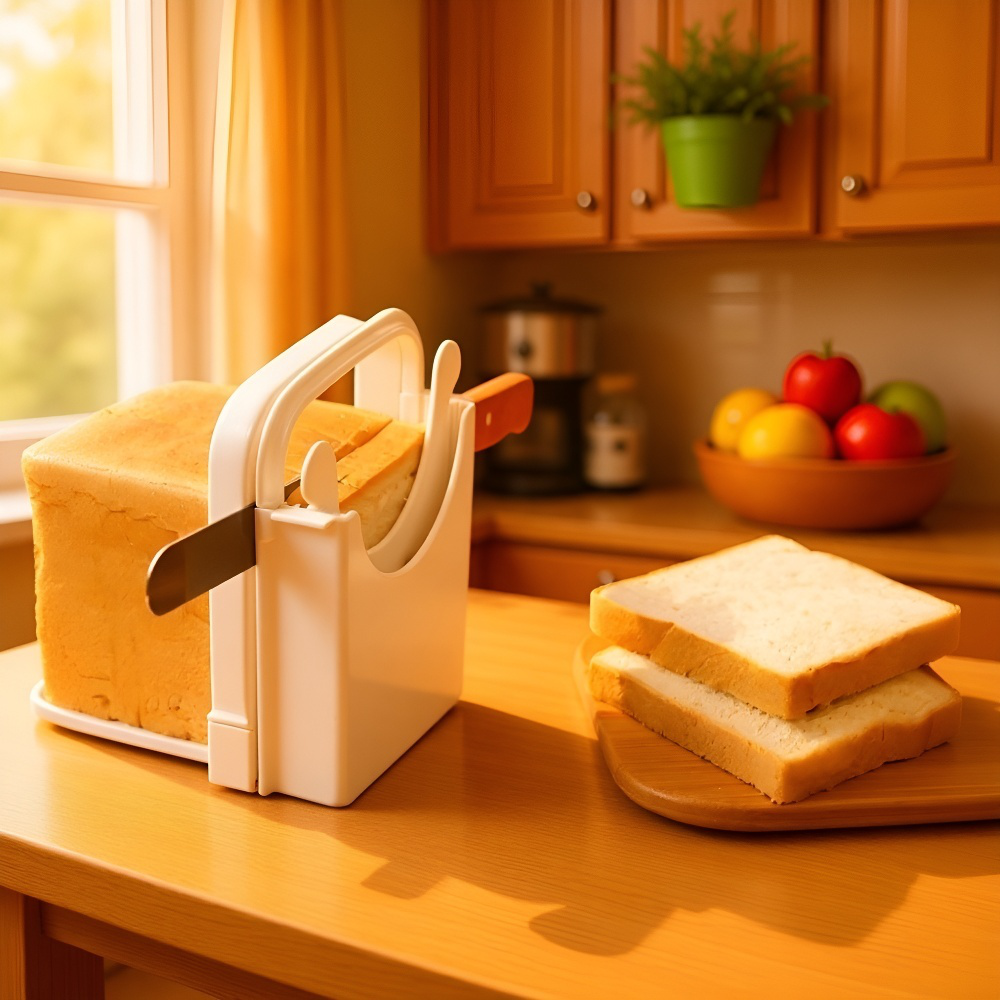 ベーキング用パンスライスラックにパンをセットする写真