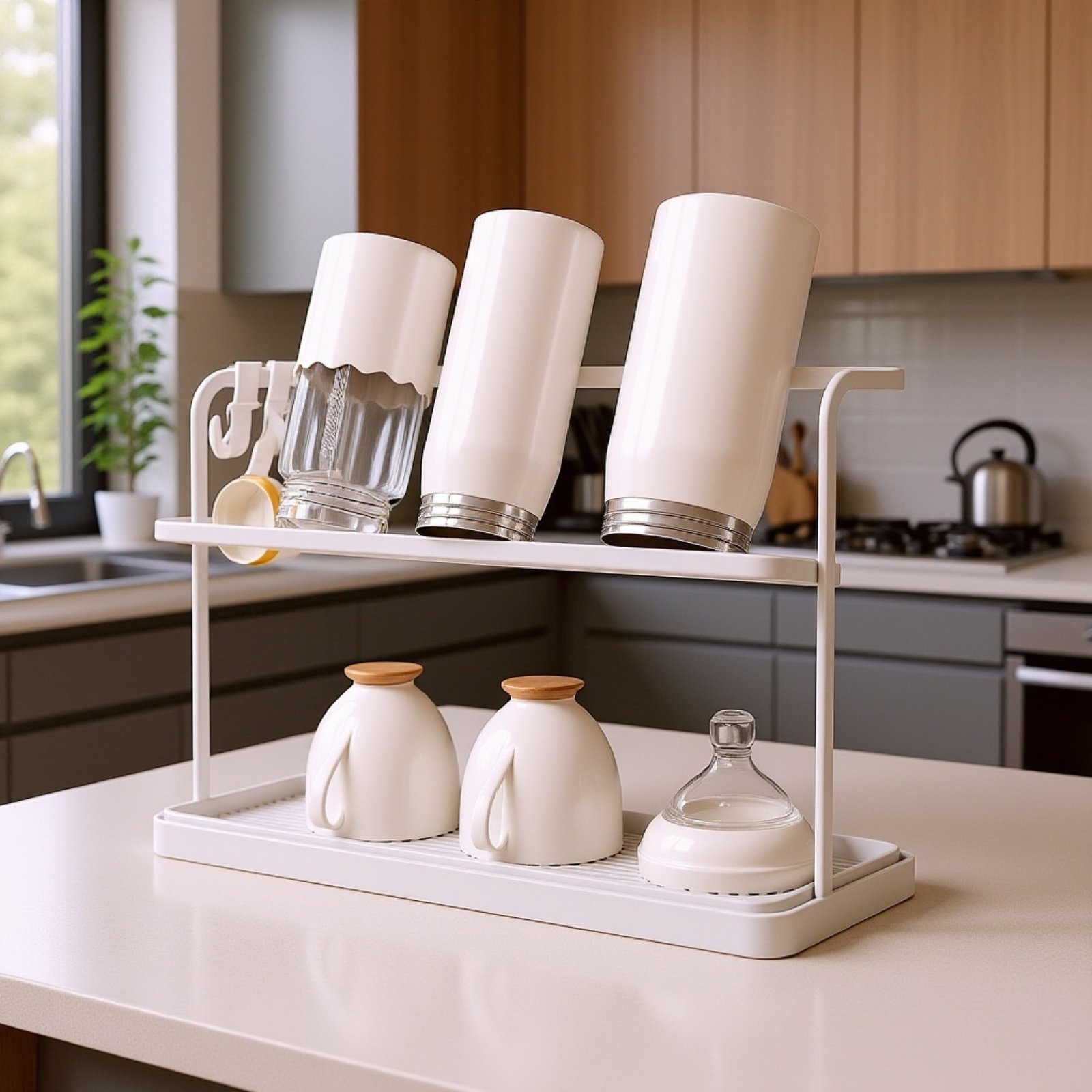 주방 조리대 위에 놓인 이중 레이어 역전 컵 랙