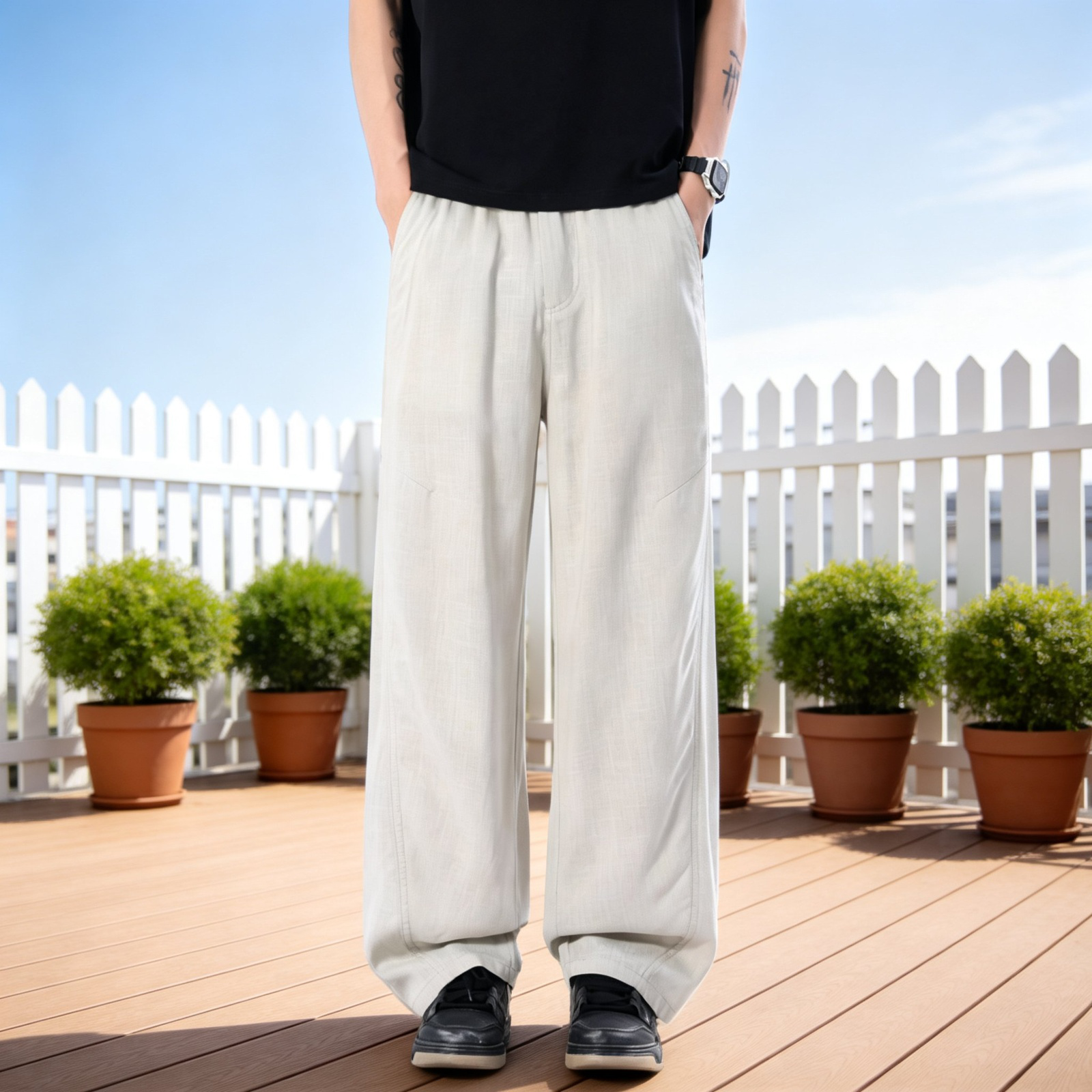 쿨링 속건 린넨 남성 와이드 팬츠 봄여름 통기성 루즈핏 롱팬츠