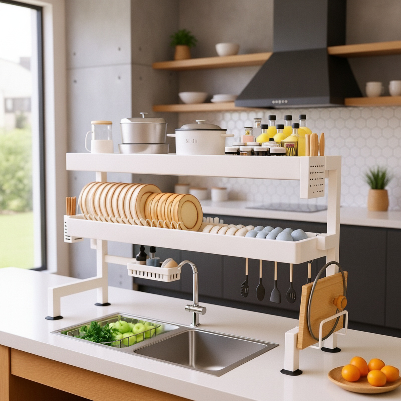 Soporte para cubiertos y vajilla sobre encimera de cocina