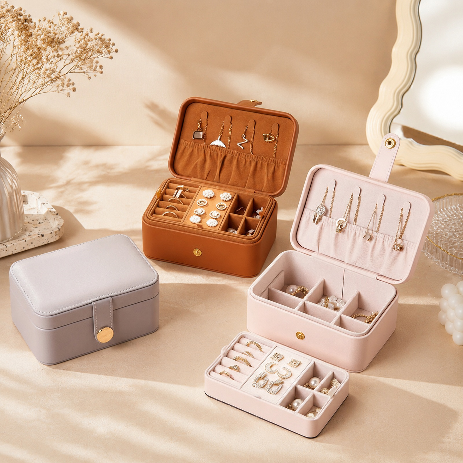 Portable Double-Layer Leather Jewelry Organizer