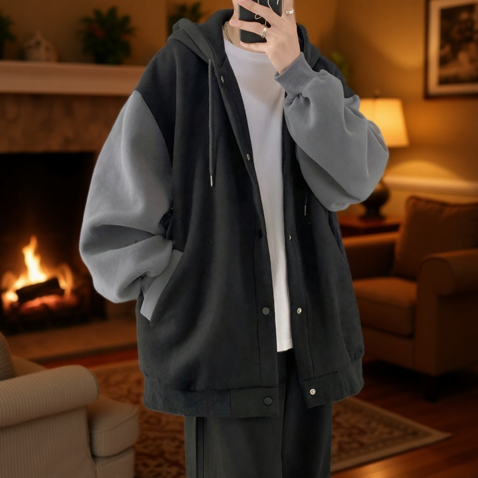 香港スタイルの秋と冬の男性用カジュアルカーディガンジャケット、ベルベットと厚みのあるトレンディなスプライシングスウェットシャツ、ルーズフード付きスウェットシャツ、カップル着用