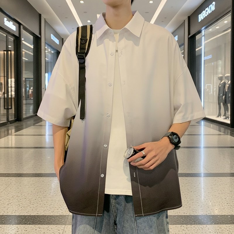 アイスシルク素材のゆったりとしたメンズグラデーション半袖シャツ