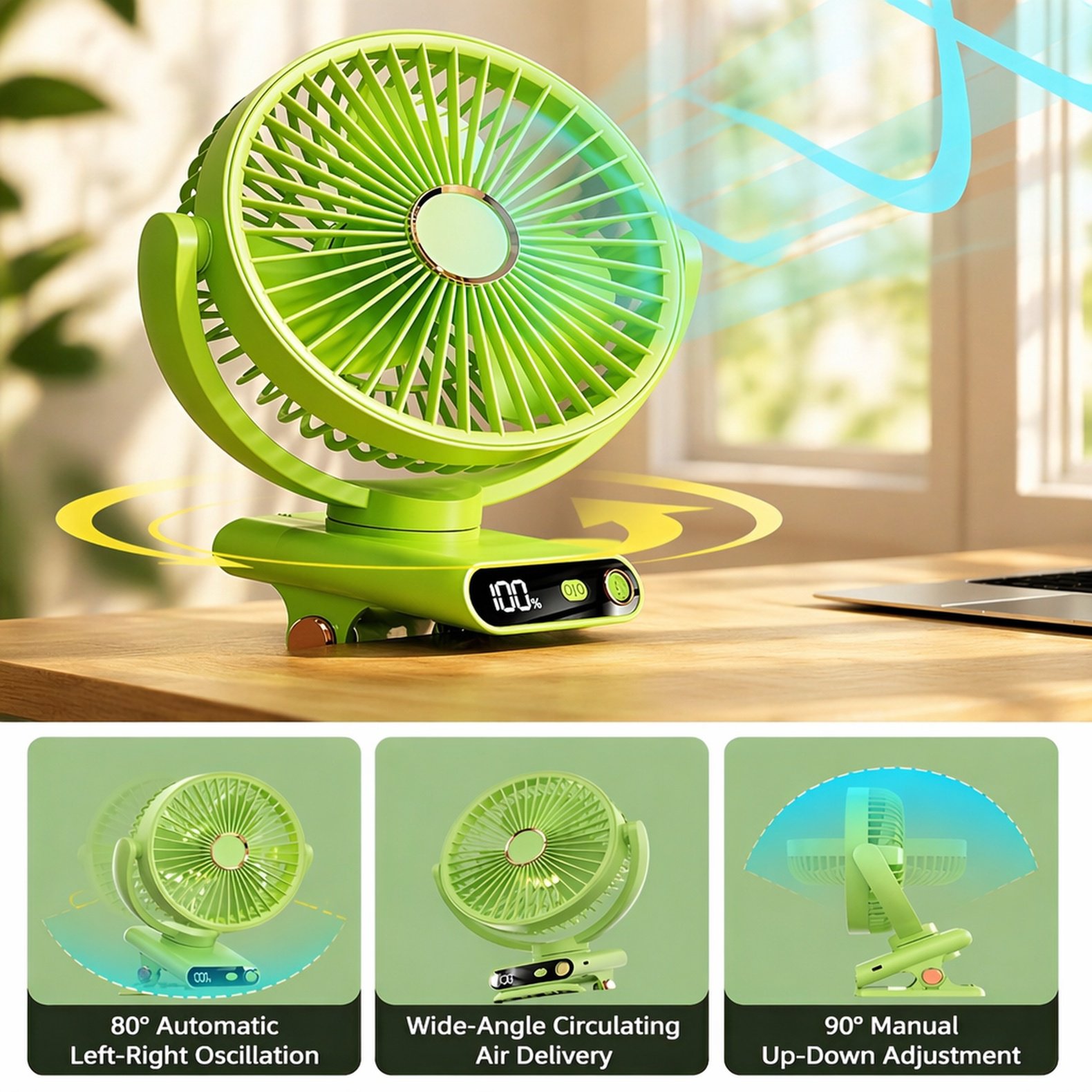 Portable USB Silent Clip-on Fan with Digital Display Night Light for Desktop and Home